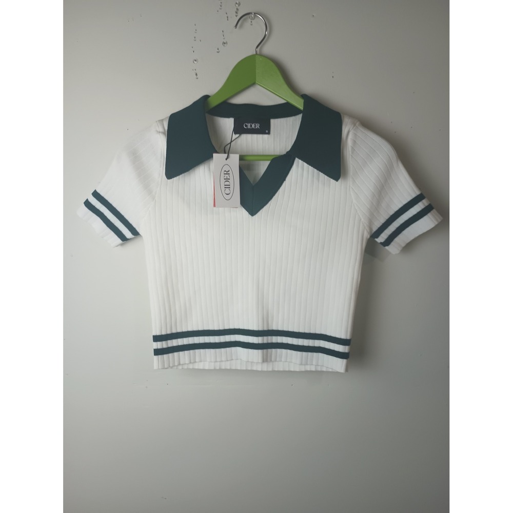 Cider Womens White Green Ribbed Knit Crop Polo Top Varsity Stripe Small NWT